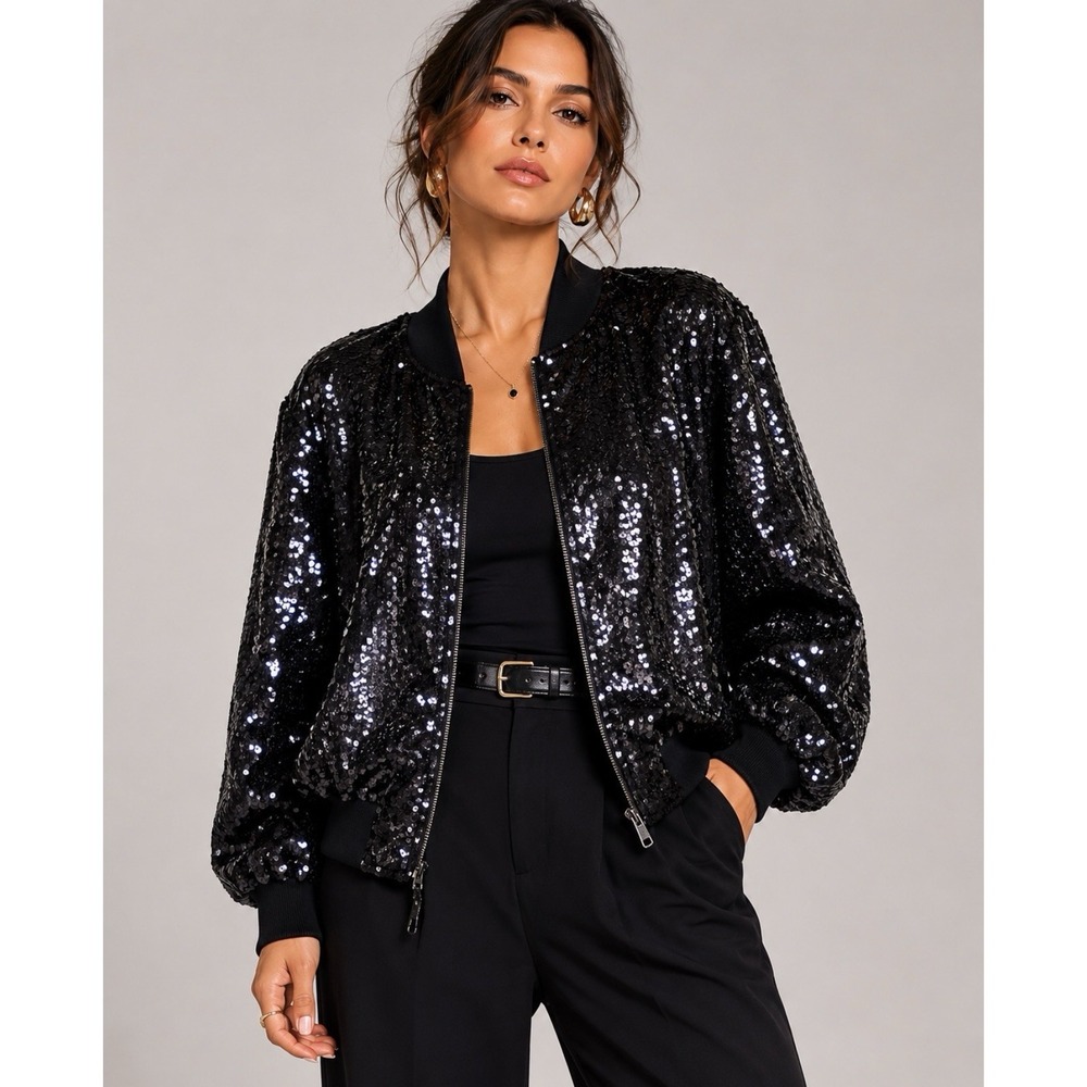 Vintage 80's Neiman Marcus All Over Sequin Silk Bomber Jacket Black SZ L